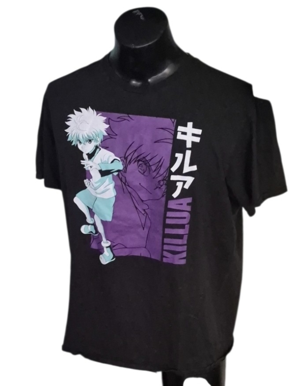 Black t-shirt features a graphic of  Killua Zoldyck From Hunter X Hunter, XL